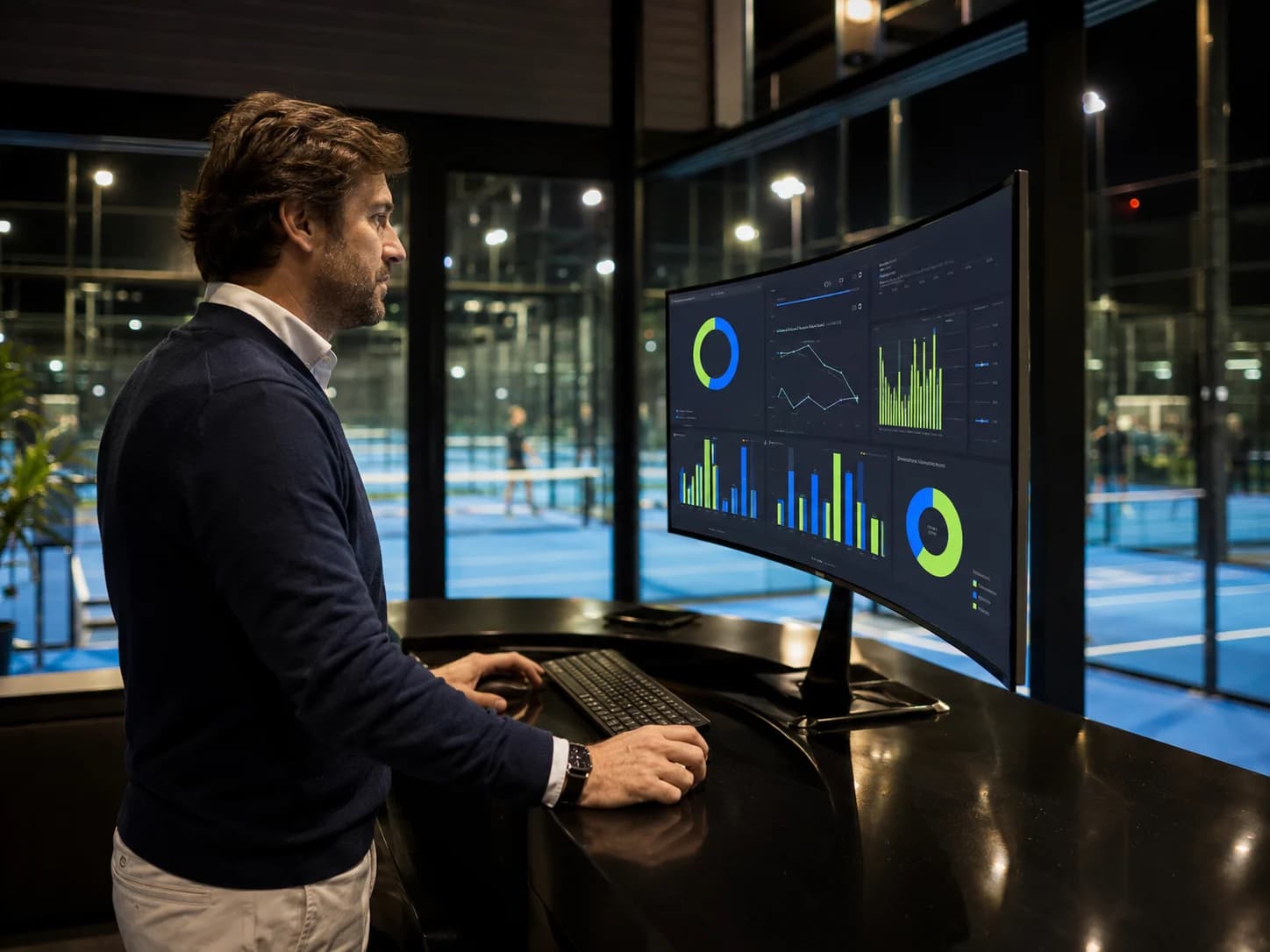 Club manager reviewing padel court revenue analytics on a screen